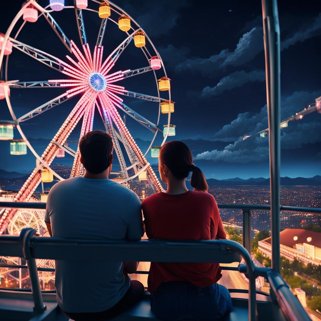 Couple on Ferris Wheel at Night, Hyperdetailed 8K