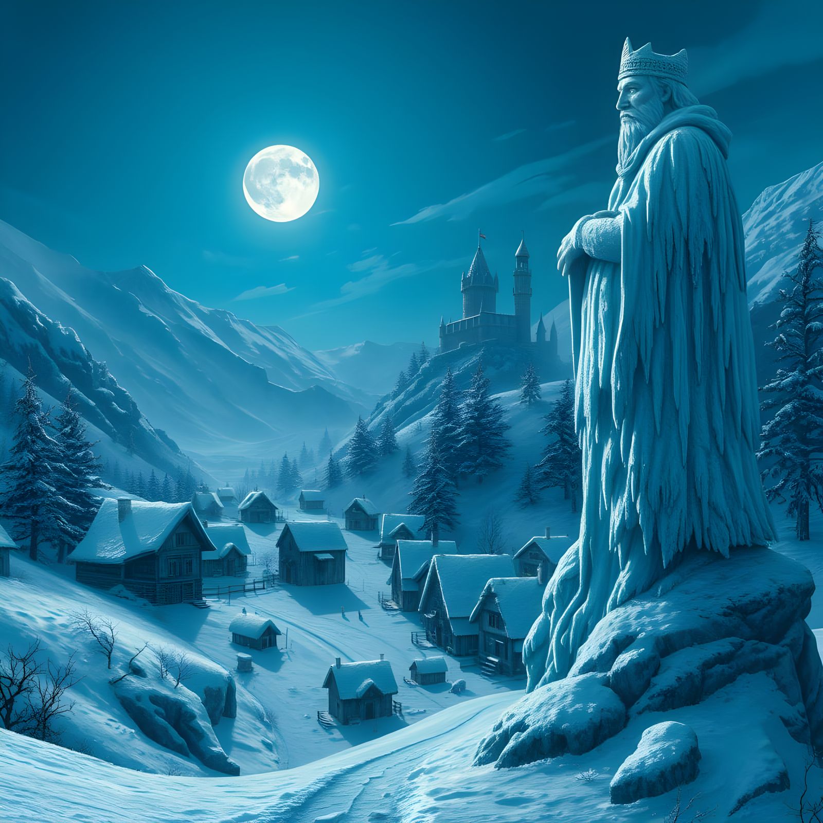 Medieval Winter Valley Under Moonlight with Father Frost Sta...