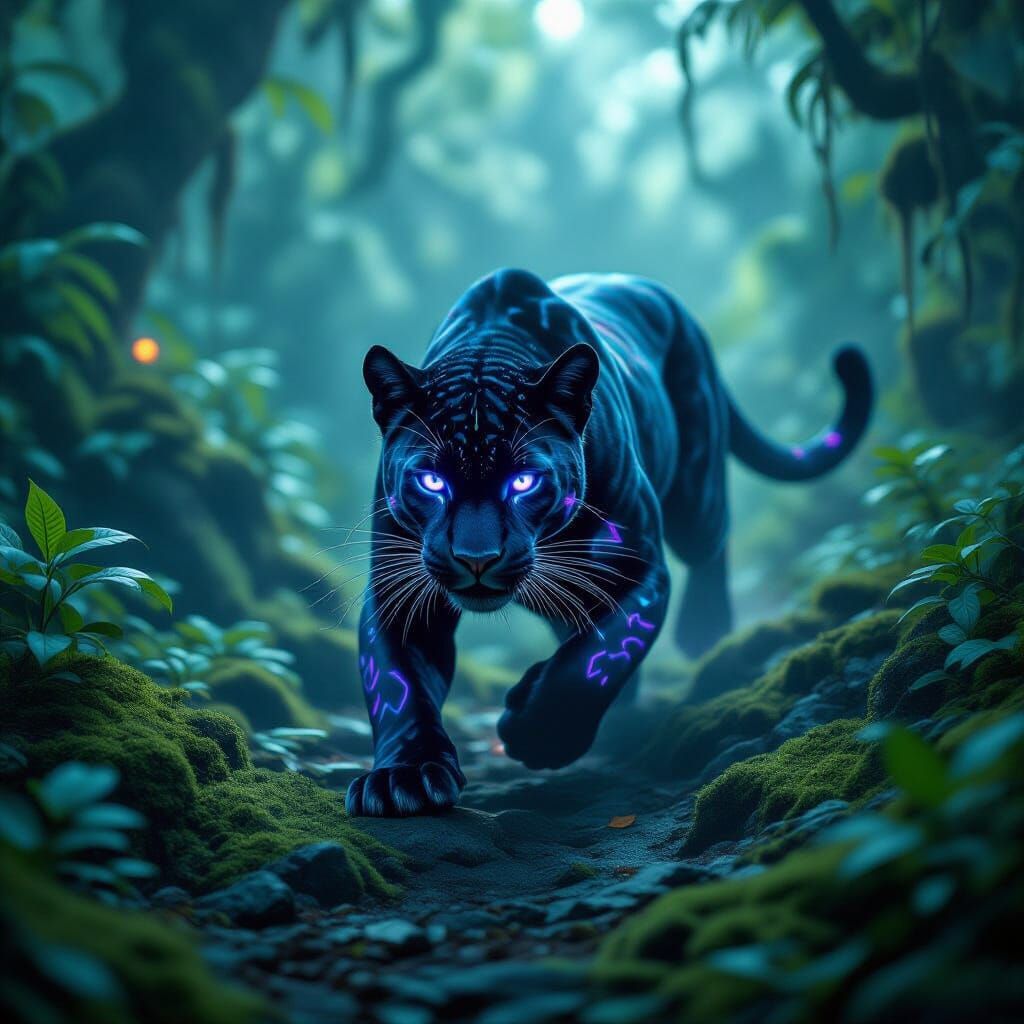 Bioluminescent Panther Leaps in Alien Jungle