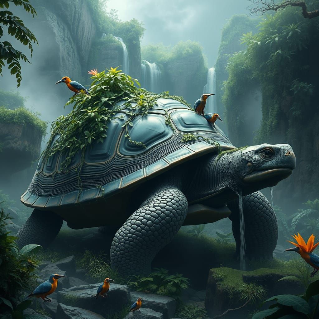 Colossal Tortoise Ecosystem in Misty Valley