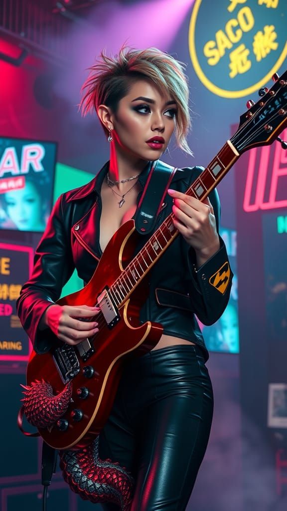 Cyberpunk Musician Plays Crimson Dragon Guitar