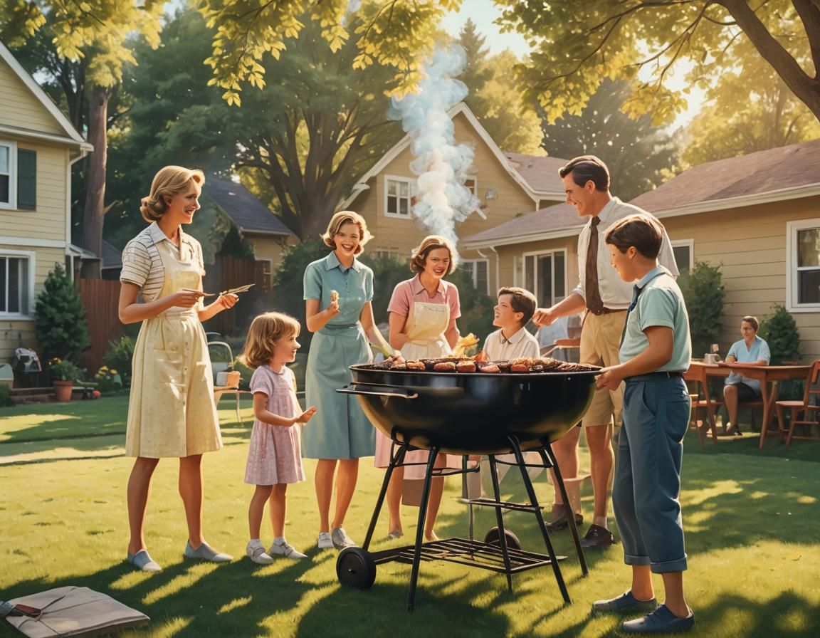 Nostalgic 1950s Family Barbecue in Suburbia