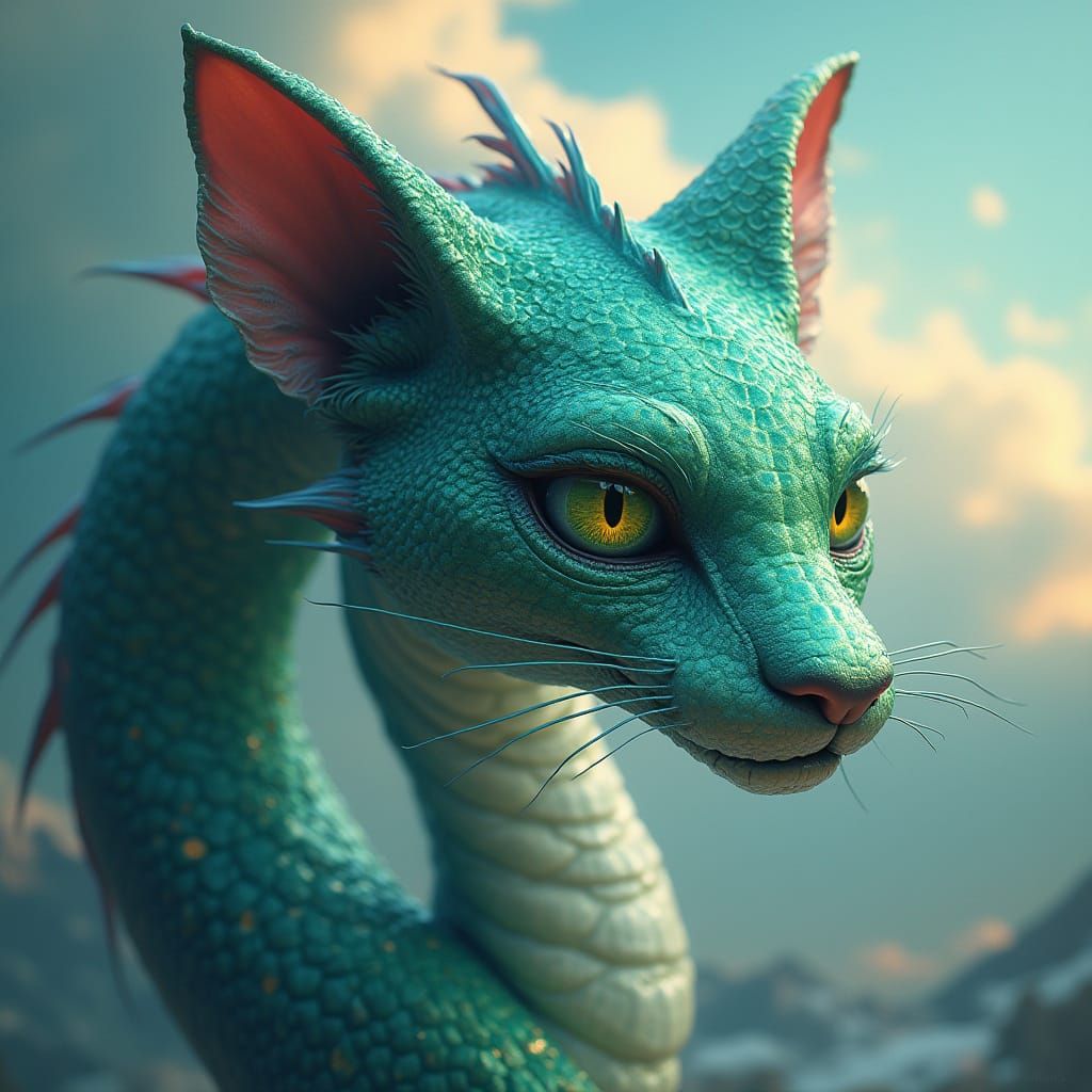 Majestic Serpentine Feline in Whimsical Fantasy Landscape