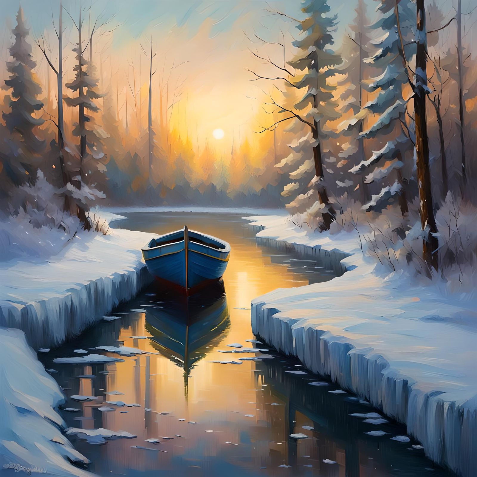 Winter Dawn: Boat on River in Impasto Style