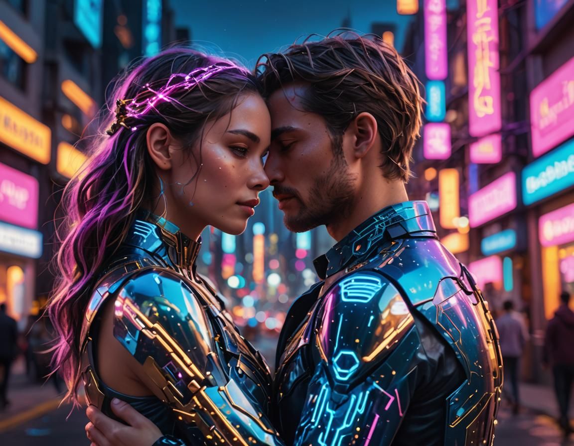 Futuristic Couple Embrace in Neon Cityscape