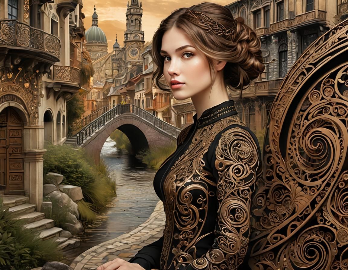 Young Woman in Whirling Bronze Filigree