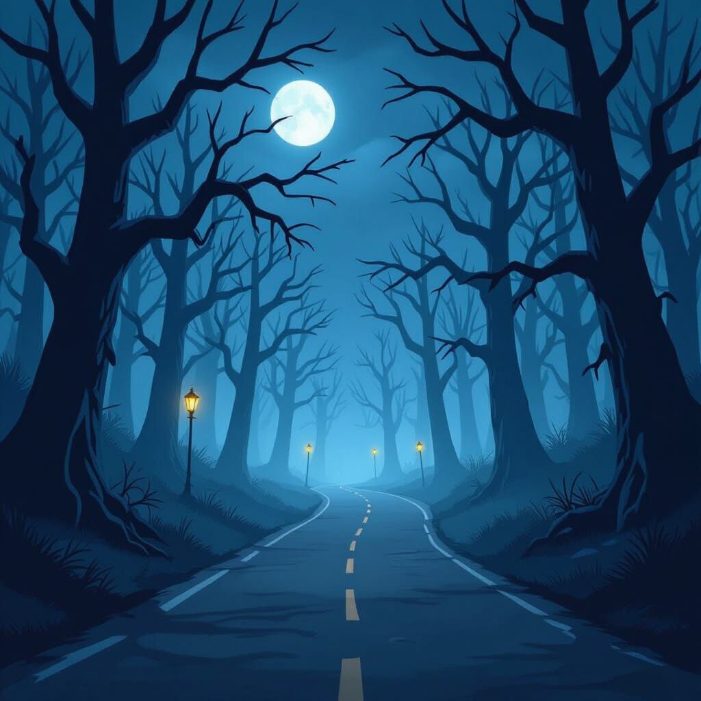 Haunted Forest Road at Night 2D Animation Style