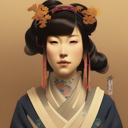 Edo Period Japanese Woman Portrait, Hyperdetailed Art