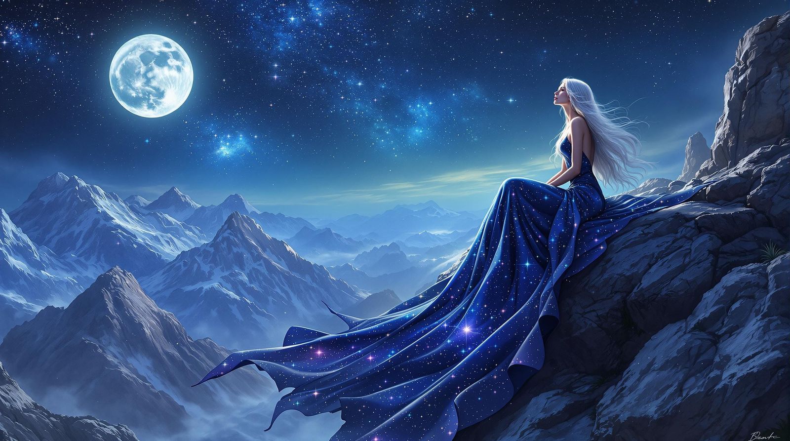 Serenely Elegant Fantasy Goddess Under Starry Night Sky