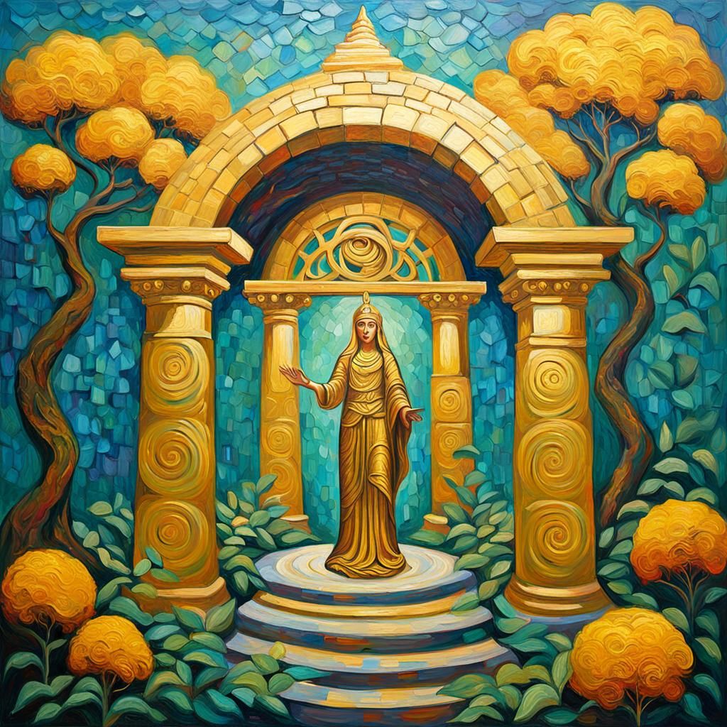 Golden Celtic Goddess in Temple: Neo-Impressionist Oil Paint...