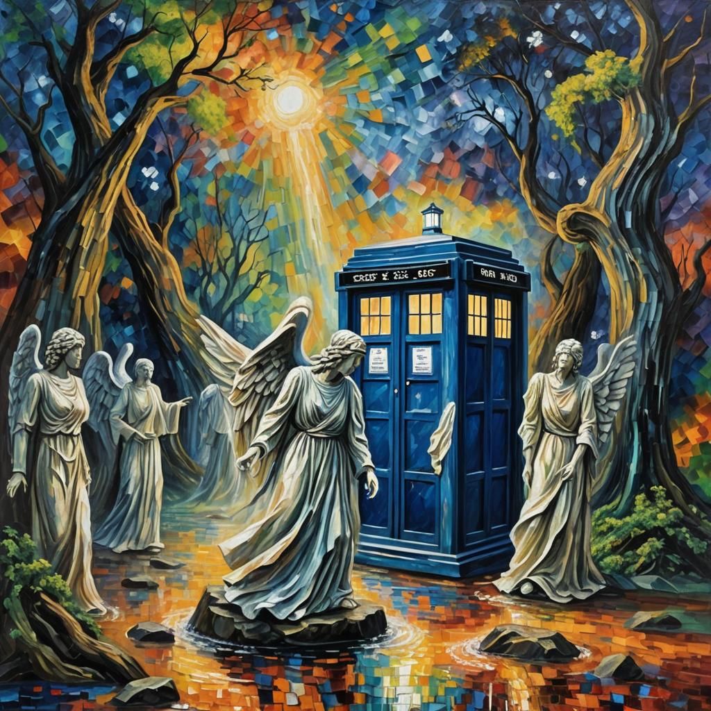 TARDIS and Weeping Angels: Expressionist Oil Painting