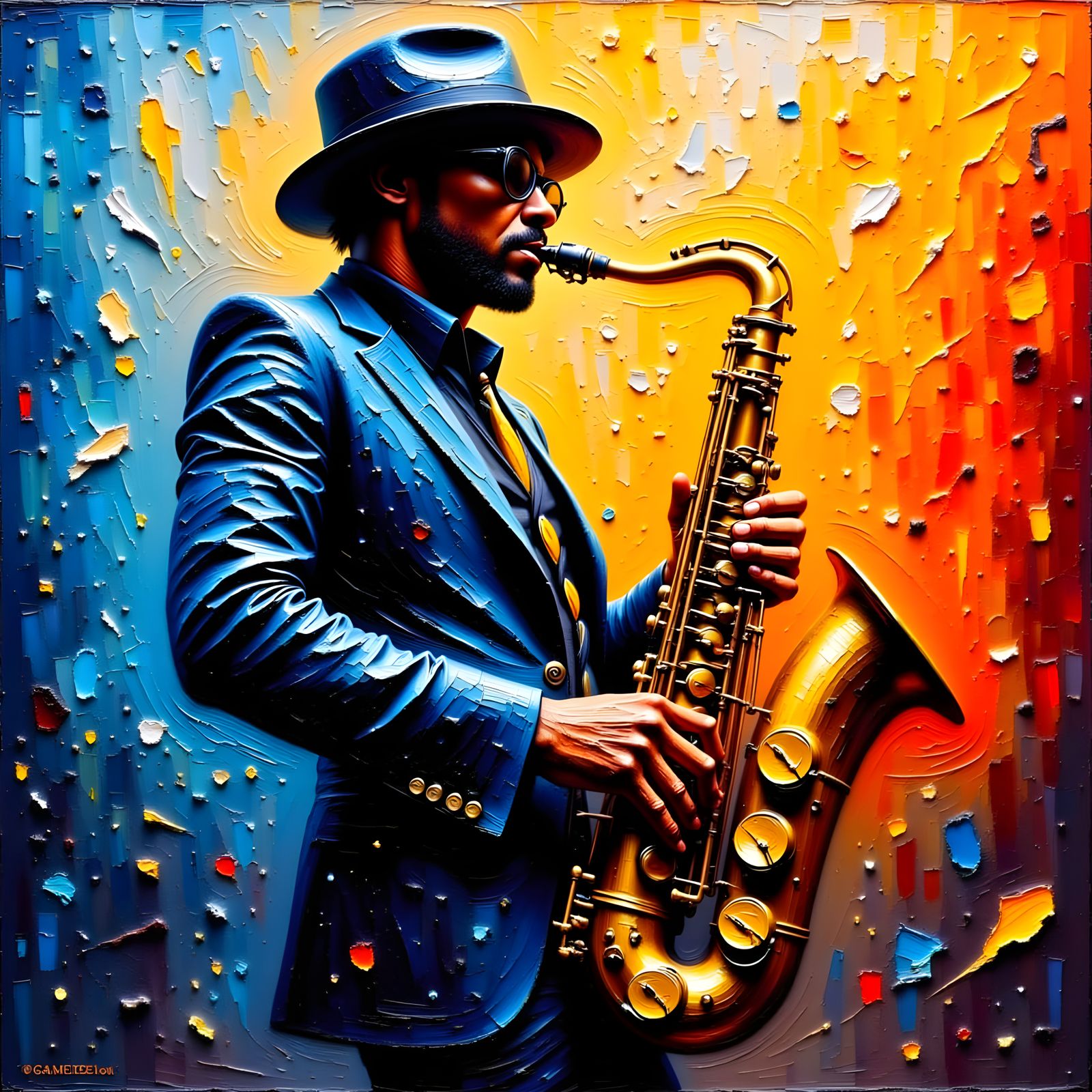 Jazz Saxophonist in Impasto Style with Ink