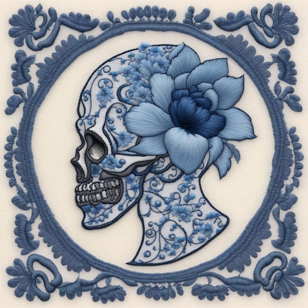 White Skull Profile with Blue Floral Embroidery