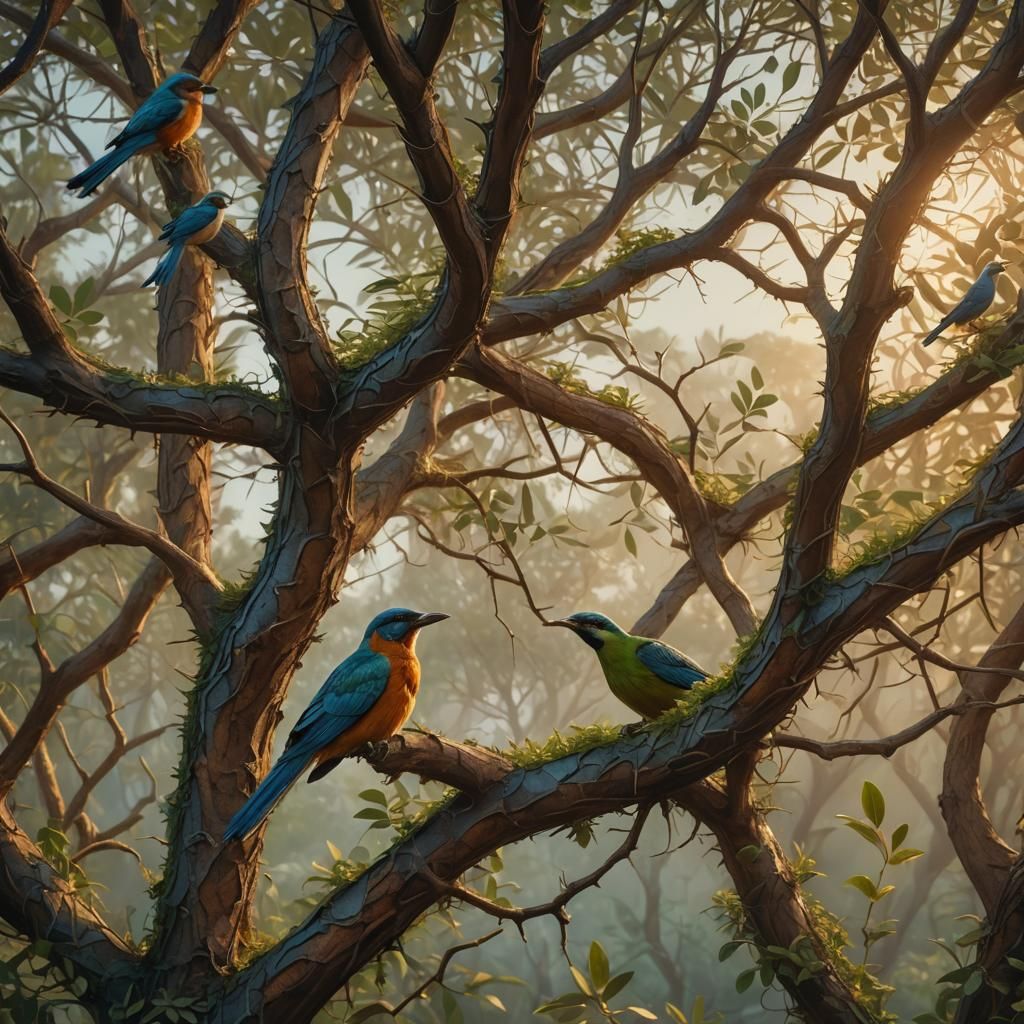 Man in Thorny Tree with Special Birds