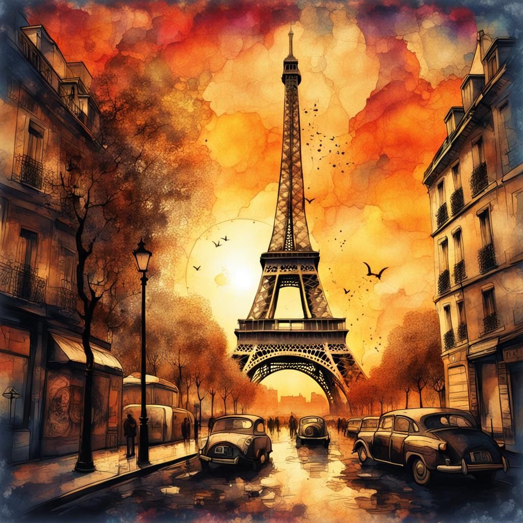 Paris Eiffel Tower Sunset Steampunk Ink Painting