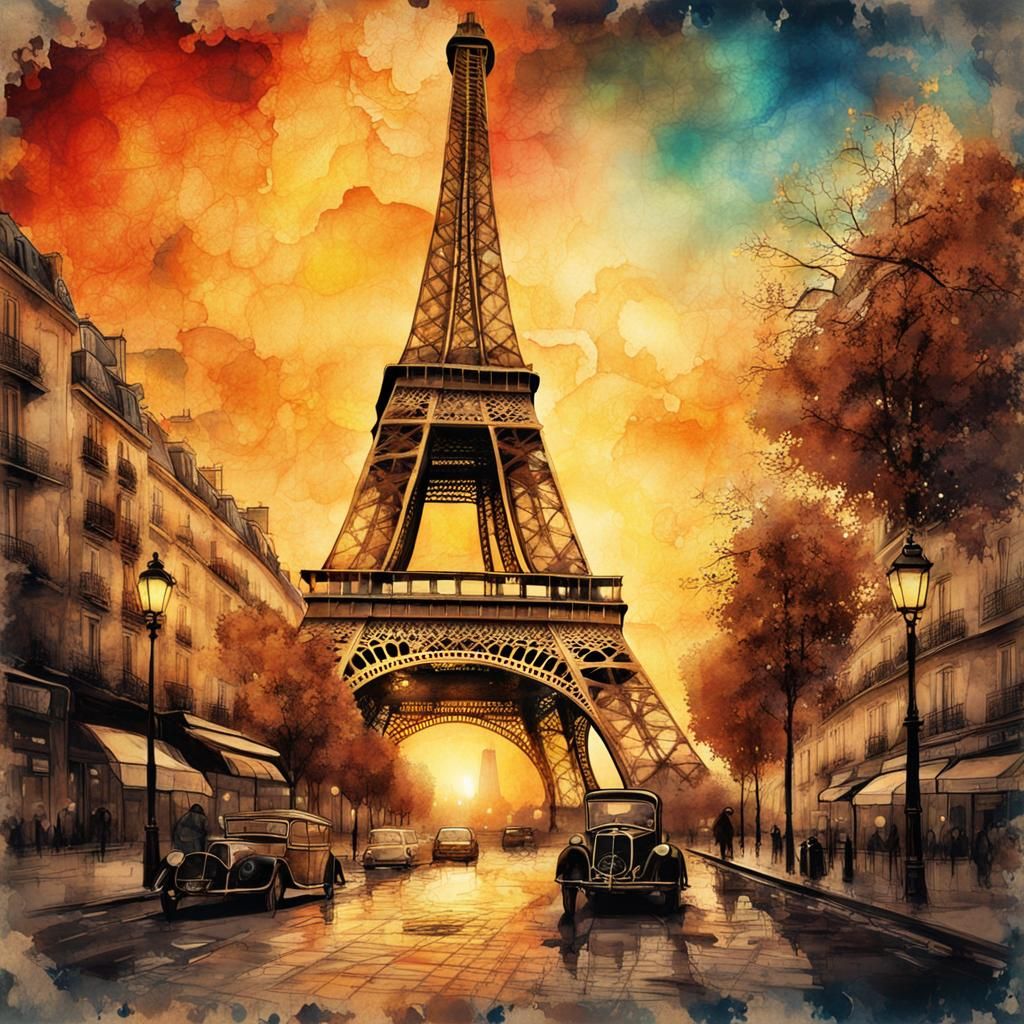 Eiffel Tower Sunset in Steampunk Ink Painting