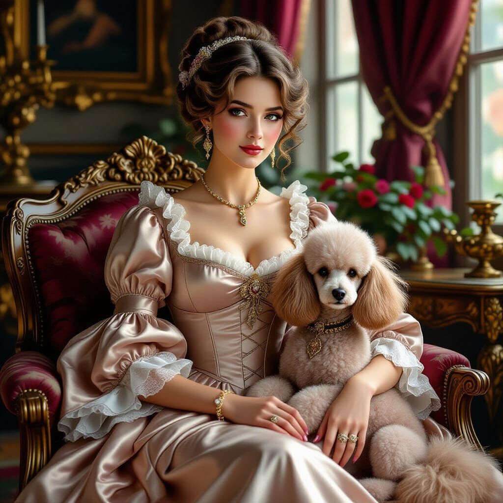 1750s Lady with Poodle in Opulent Setting
