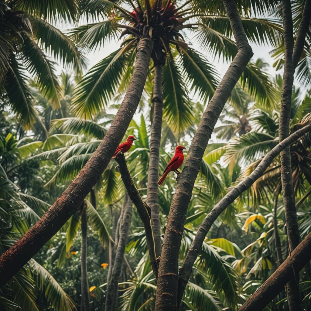 Red Bird in Coconut Tree: Cinematic Film Still