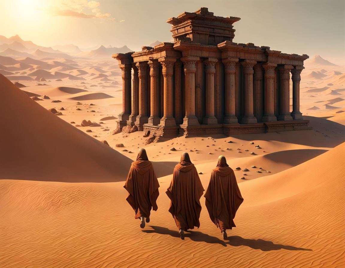 Three Fremen in stillsuits and russet desert robes walk past the ruins of an ancient temple on Dune. Photorealistic hype...