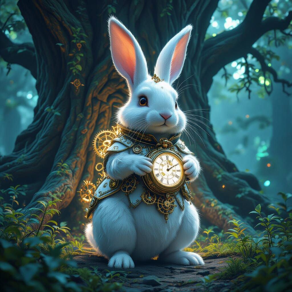 Majestic Clockwork Rabbit in Bioluminescent Forest