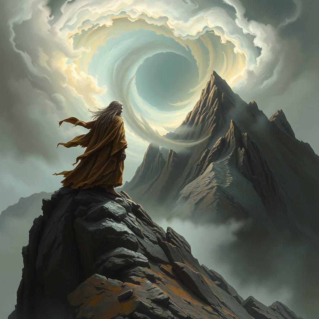 Ancient Being Basks in Ethereal Glow on Windswept Mountain P...