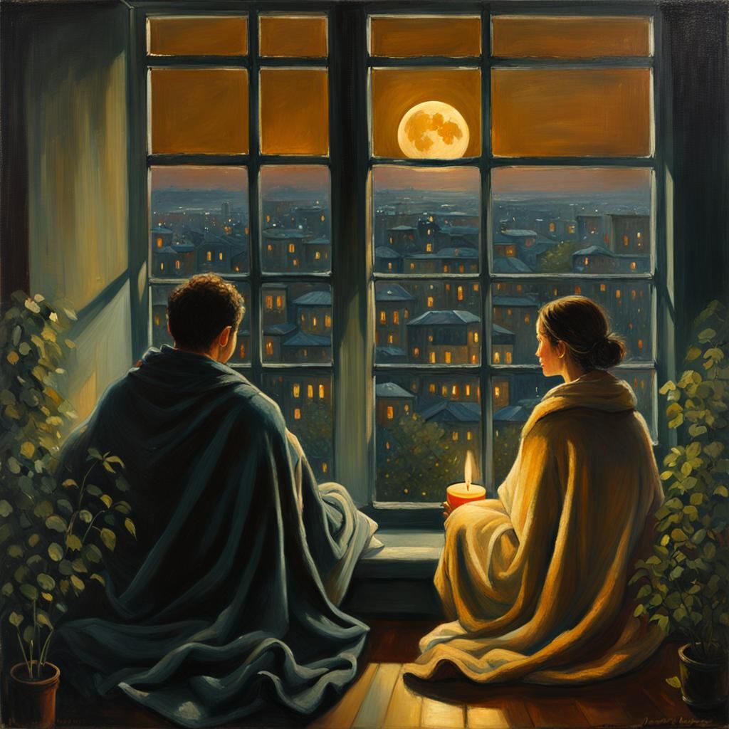 Cozy Cityscape: Impressionist Oil Painting of Couple