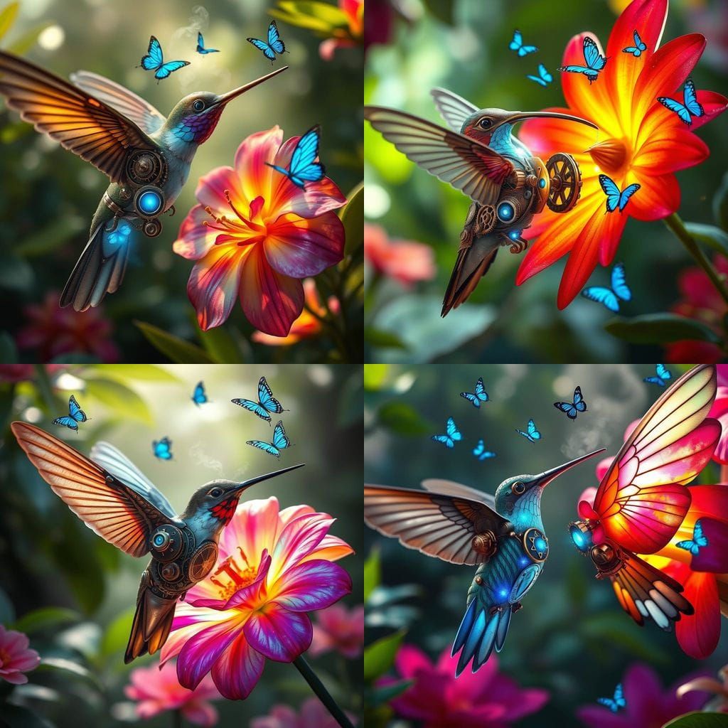 Steampunk Hummingbird with Brass Gears and Blue Energy