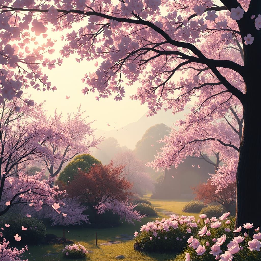 Surreal Cherry Blossom Garden in Soft Morning Light