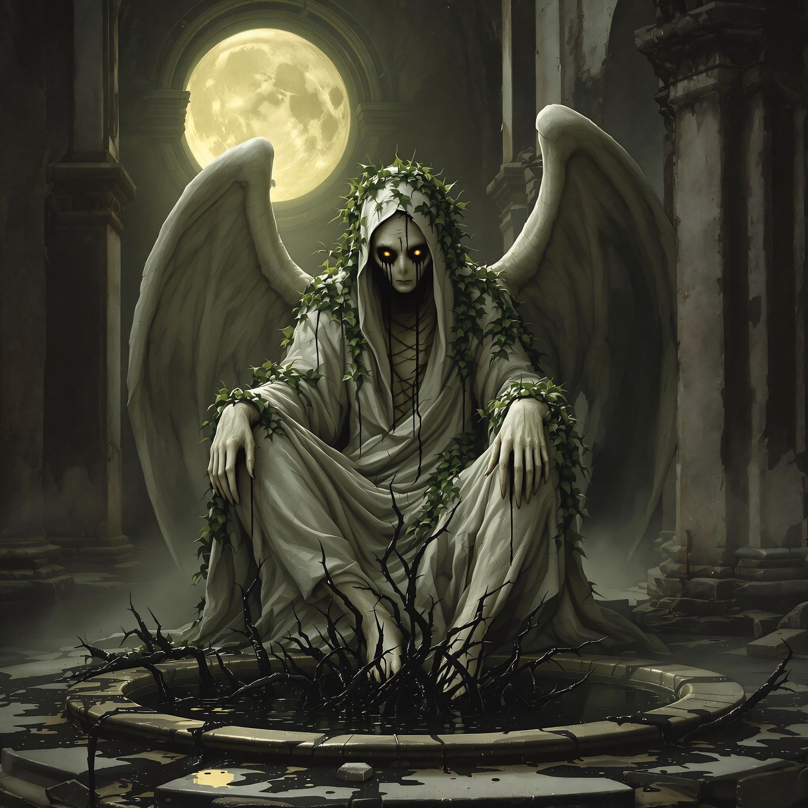 Within the skeletal ribs of a ruined cathedral, a sliver of ...