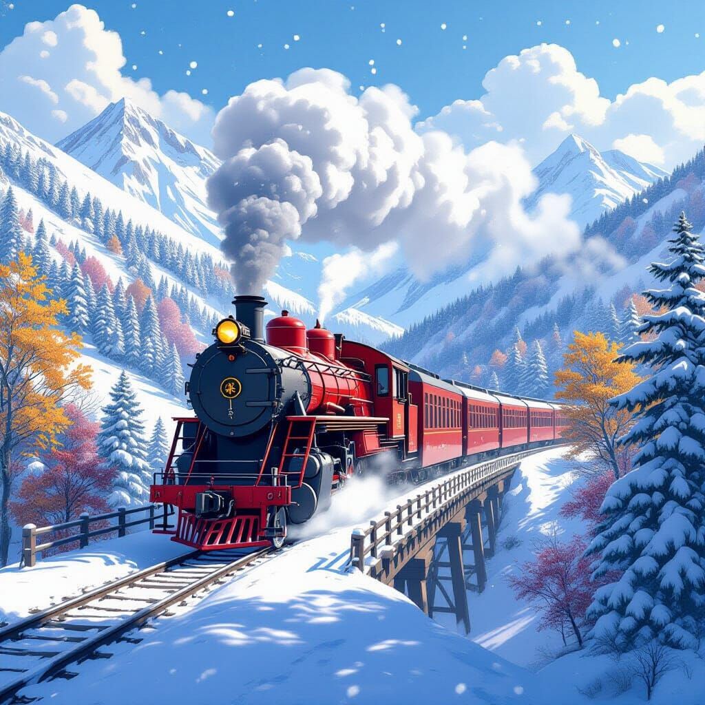 Red Coal Train on Snowy Italian Bridge in Anime Style
