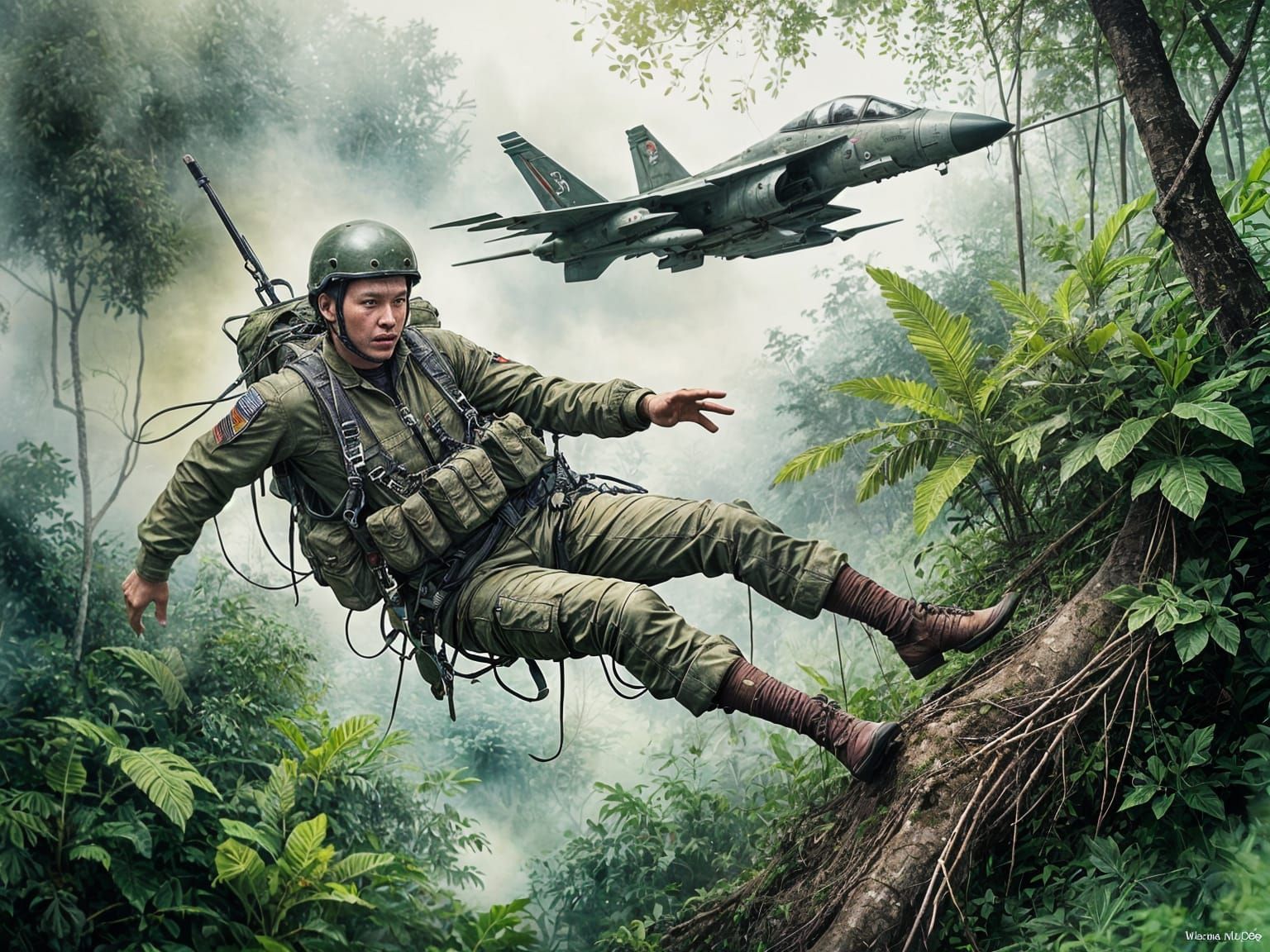 Soldier Descends Through Vietnam Jungle Amidst F4 Fighter Je...
