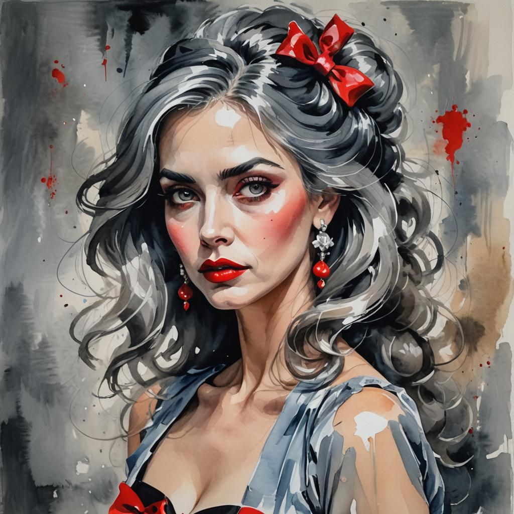 Luxury Woman with Grey Hair as Gouache Painting