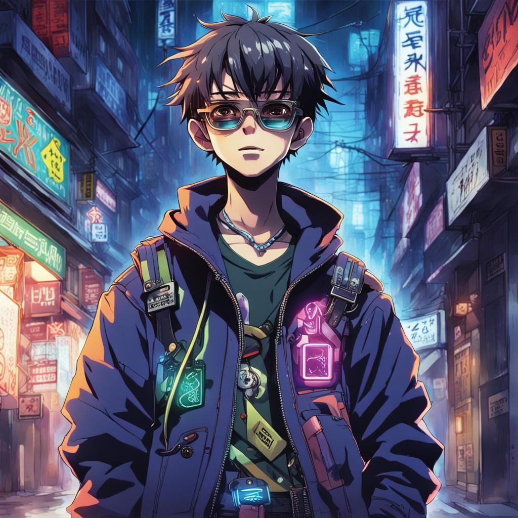 Boy, 10, cyberpunk young salesmen, shady glasses, offers gambling in the streets, in a neutral space wharf. He wears a s...