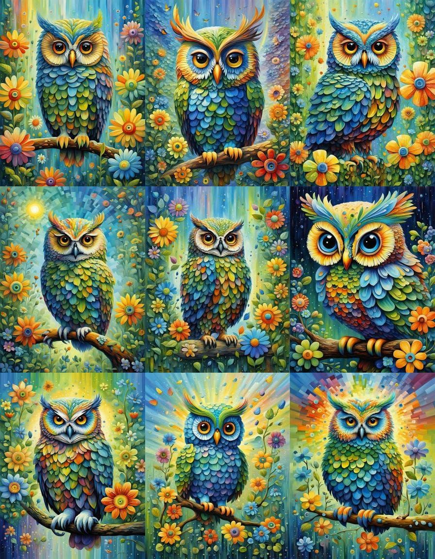Owl with Rainbow and Flowers in Impressionist Style