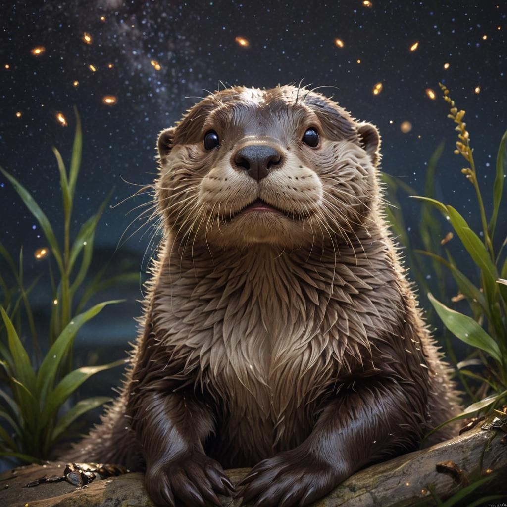 Adorable Otter with Fireflies in Digital Art