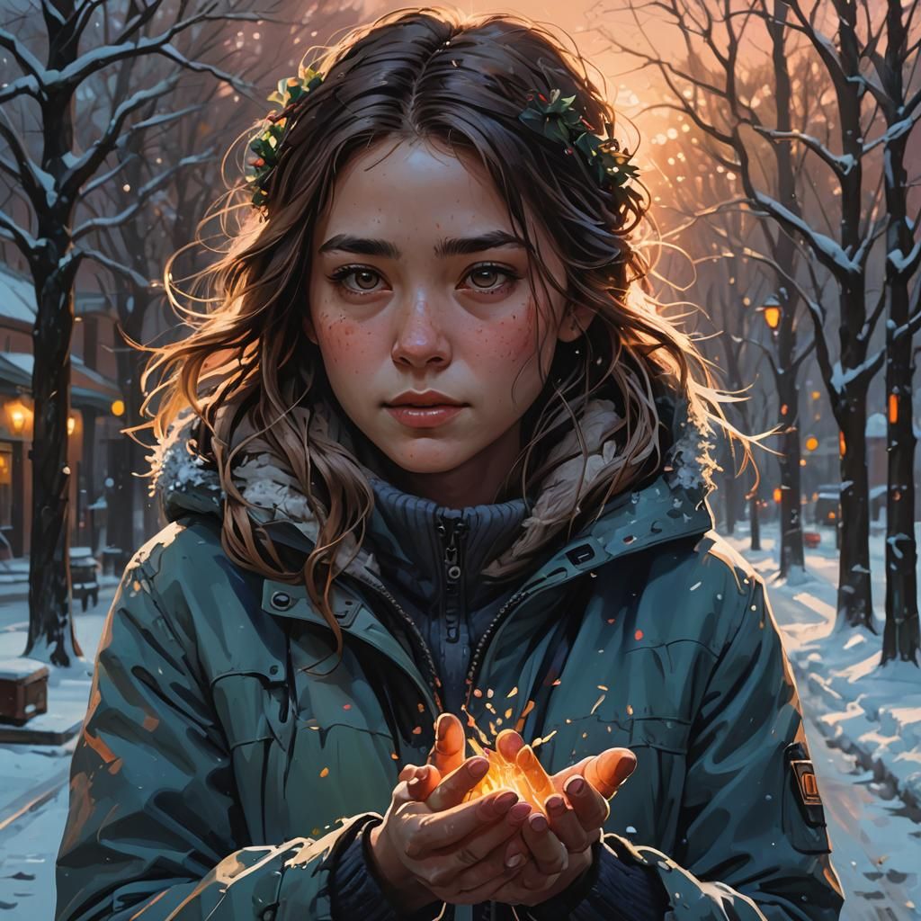 Woman Holding Light in Freezing Cold, Splash Art