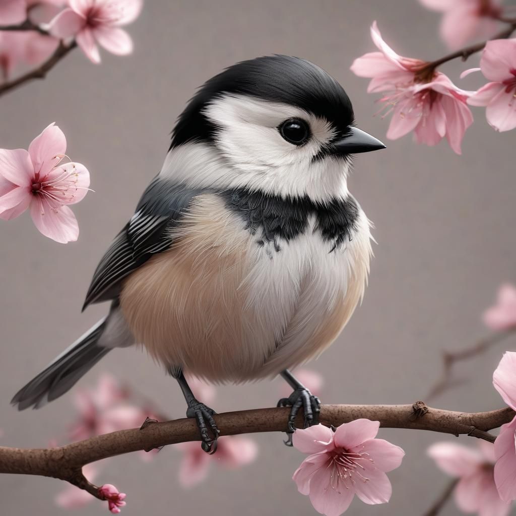 Chibified Chickadee with Sakura Flowers