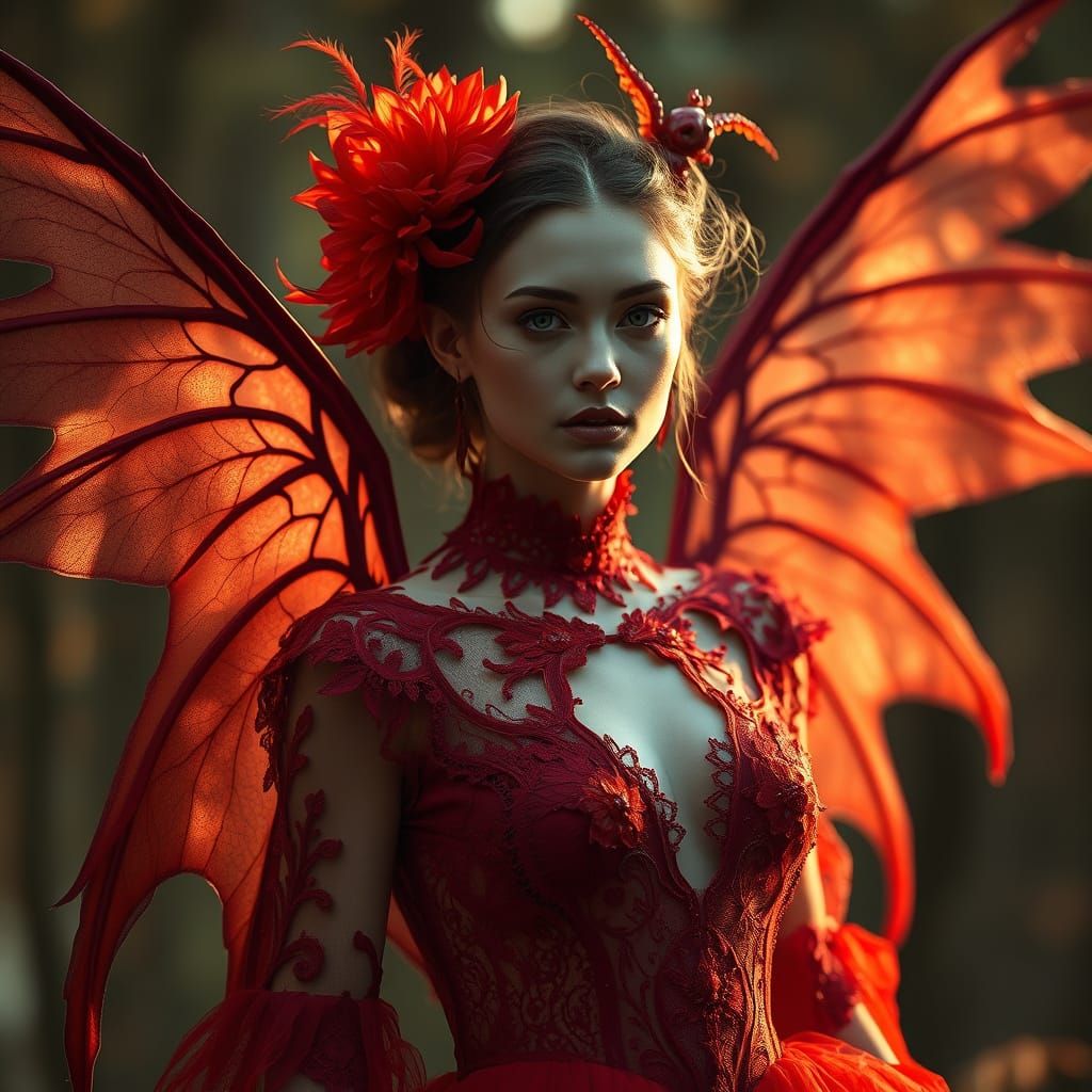 Dreamlike Italian Woman in Elaborate Red Outfit