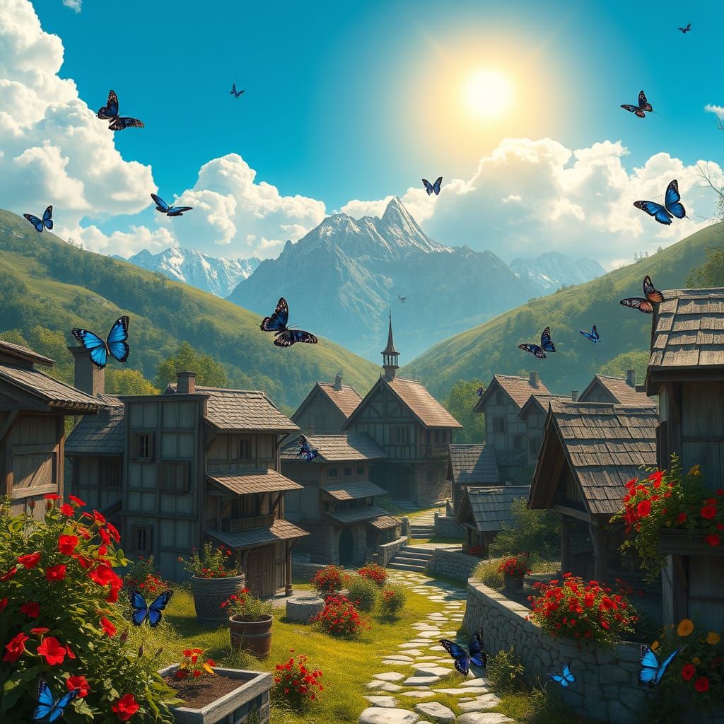 Village Oasis with Majestic Butterflies in Fantasy Style
