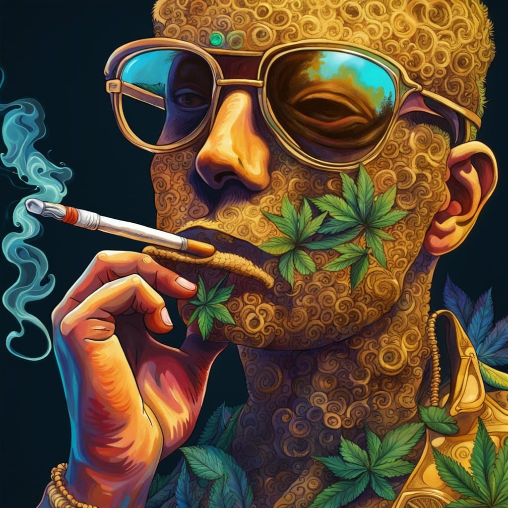 Hyperrealistic surreal weed smoking a human vibrant trippy psychedelic art funny splash art swag gangster yo hyperdetail...