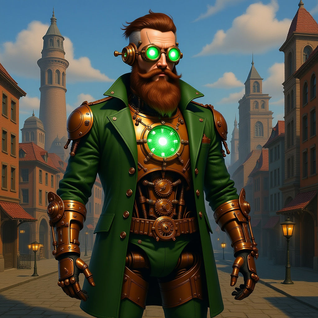 Steampunk Clockwork Man with Emerald Eyes