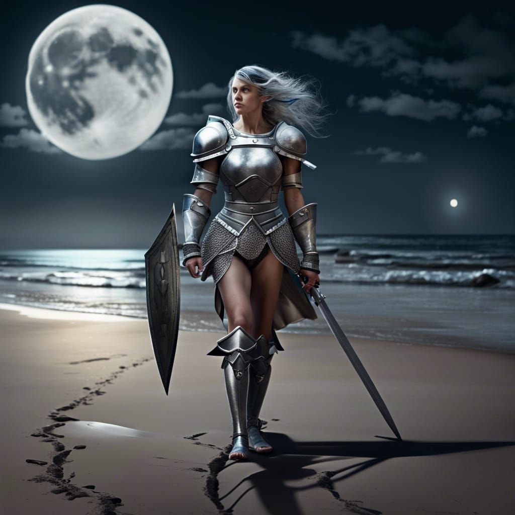 Female Knight Walks Beach Under Moonlight