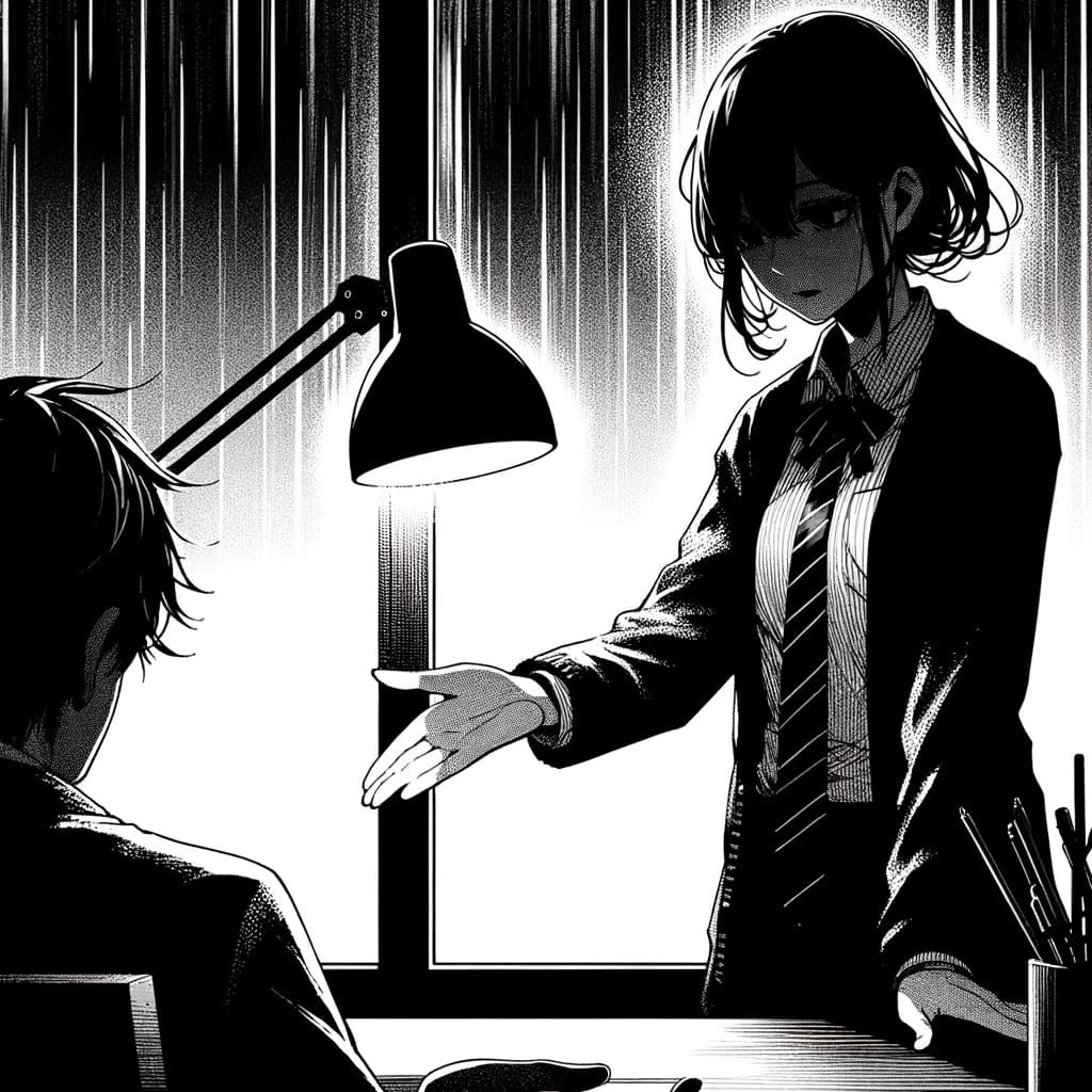 Dramatic Manga Scene: Akari Offers Hand in Rain