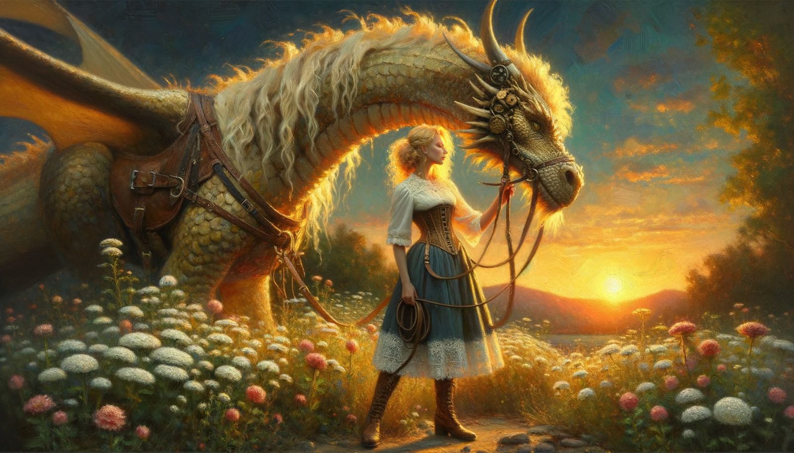 Enchanting Oil Painting of Woman and Majestic Dragon in Suns...