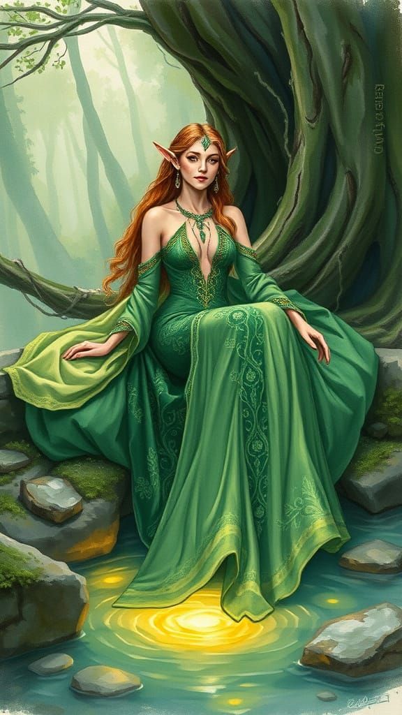 Elven Queen in Emerald Gown, Watercolor Art