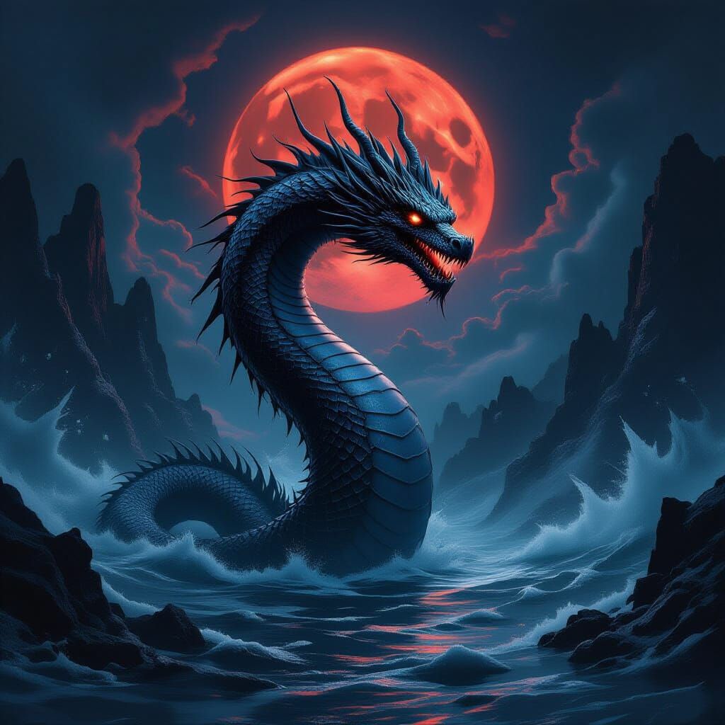 Leviathan Dragon Rising Under Blood Moon