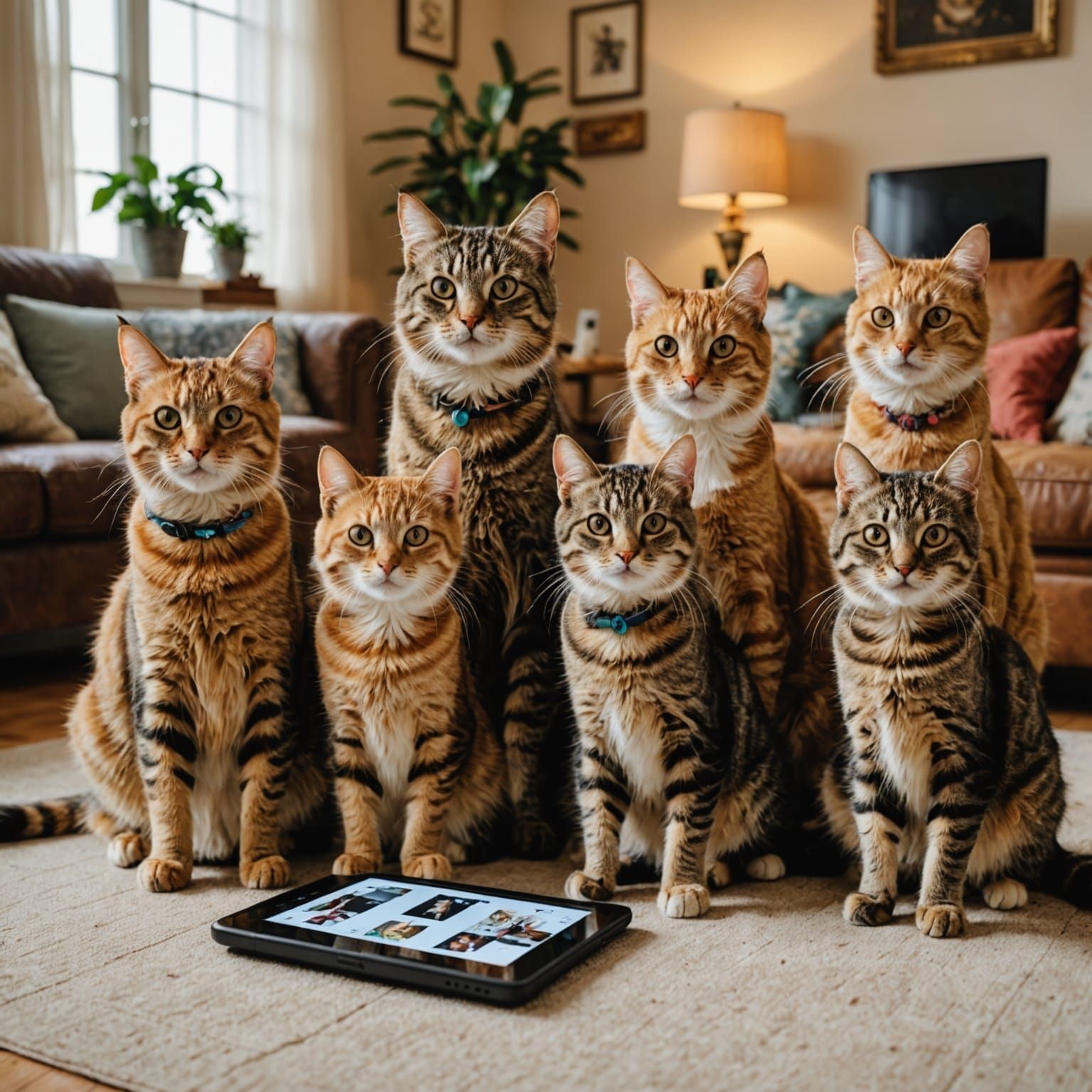 Multi-Generational Cat Family Portrait in Living Room