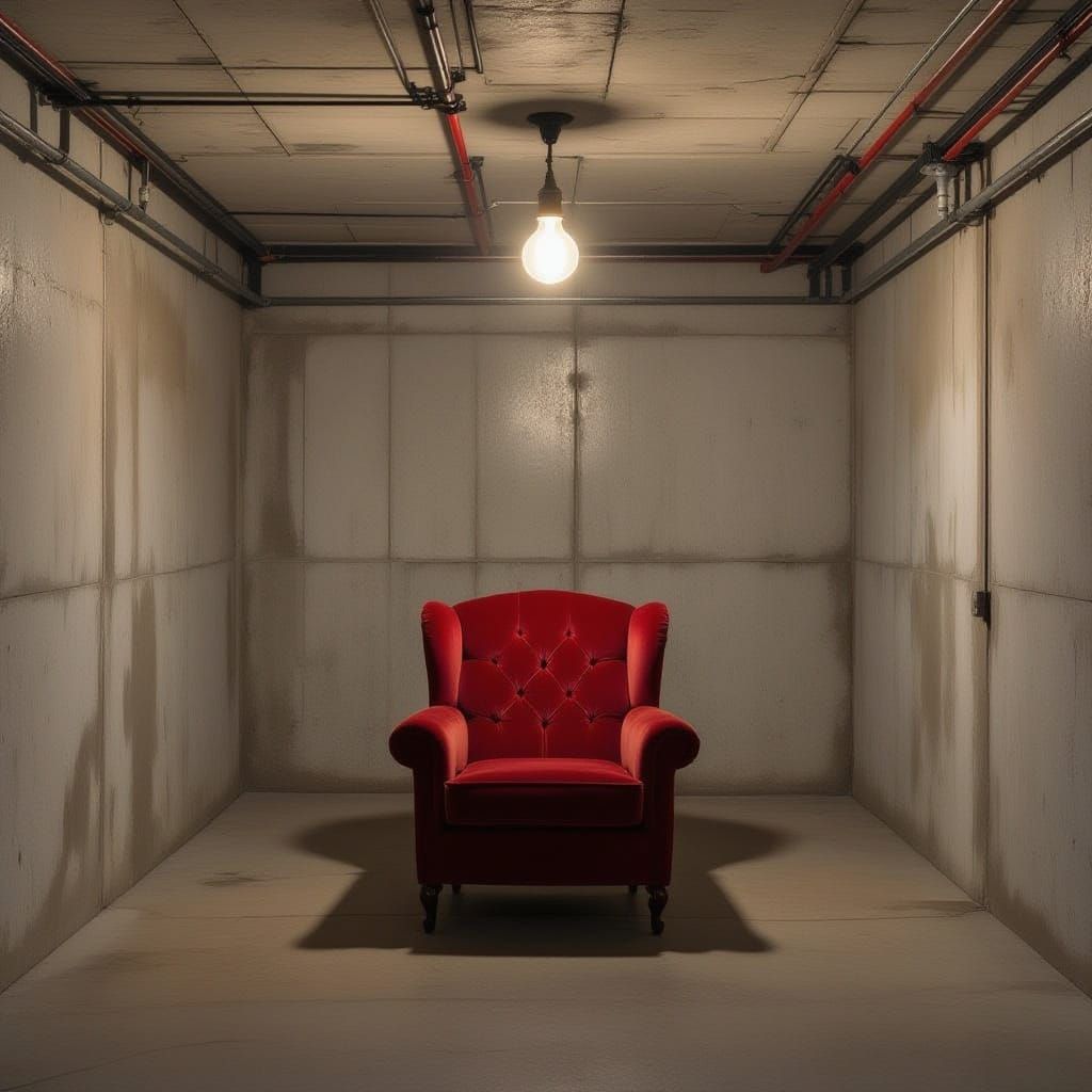 Dimly Lit Concrete Basement With Velvet Armchair