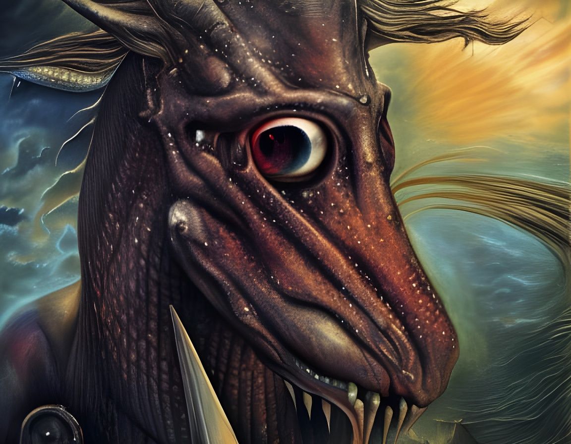 Surreal Sturgeon-Horse Creature in Digital Horror Style