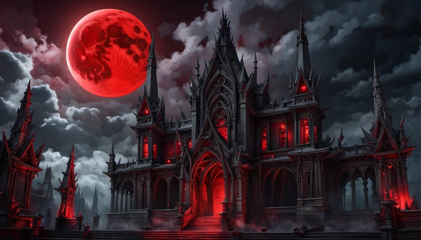 Unholy Gothic Temple Under Blood Red Moon